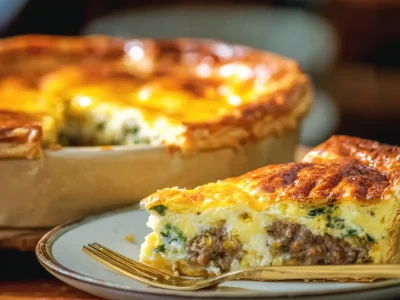 egg and sausage pie served hot on ceramic plate