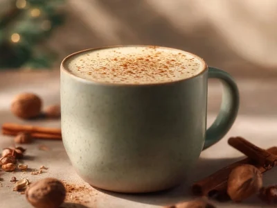 Delicious eggnog latte topped with whipped cream and nutmeg