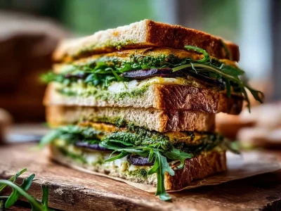 Eggplant Pesto Sandwich topped with fresh veggies on a rustic bread