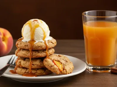 A stack of peach cobbler cookies served on a plate with a scoop of vanilla ice cream melting on top.