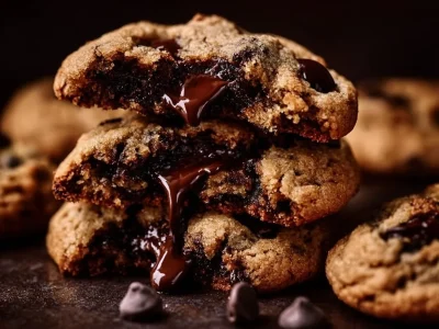 Freshly baked espresso chocolate chip cookies on a cooling rack