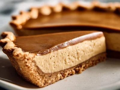 Slice of delicious Espresso Custard Pie topped with whipped cream