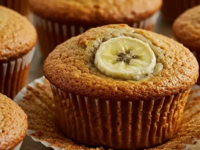 Freshly baked sourdough banana muffins with golden-brown tops and small caramelized banana slices baked into the surface.