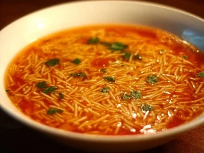 A bowl of delicious Fideo Pasta Soup garnished with fresh herbs.