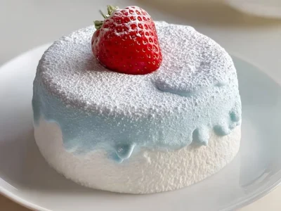 Delicious First Snow Lava Angel Cake with a molten center and snowy topping.