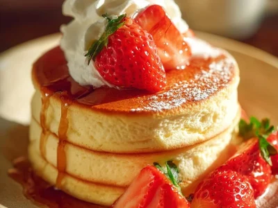 Fluffy Japanese soufflé pancakes stacked with syrup and berries