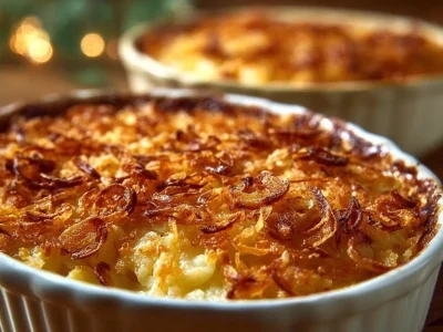 Creamy French Onion Funeral Potatoes dish served in a casserole dish
