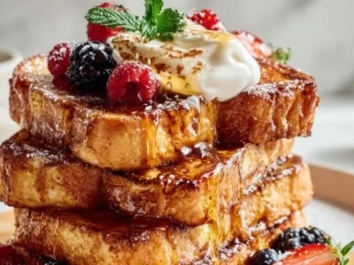 Deliciously golden French Toast topped with syrup and berries.