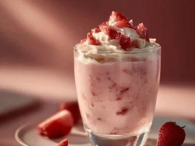 Fresh Strawberry Rhubarb Cream Delight dessert topped with whipped cream
