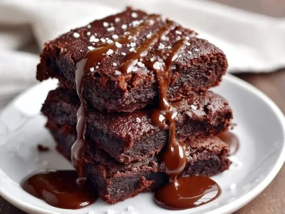 Fudgy Greek yogurt brownies topped with chocolate drizzle and nuts