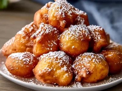 Funnel Cake Bites Recipe golden fried dough balls dusted with powdered sugar on a white plate