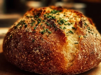 Freshly baked garlic and herb sourdough bread loaf