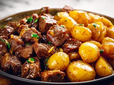 Juicy Garlic Butter Beef Bites served with crispy potatoes