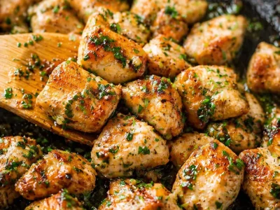 Plate of Garlic Butter Chicken Bites garnished with herbs