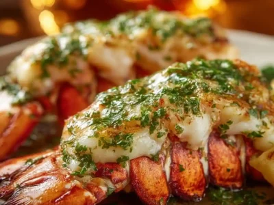 Creamy garlic butter lobster tails served elegantly with fresh herbs.