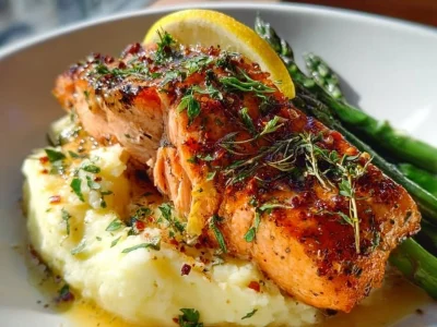 Garlic Butter Salmon fillet served with fresh herbs and lemon