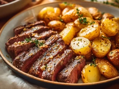 Delicious Garlic Butter Steak served with roasted potatoes