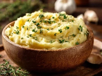 Creamy Garlic Cheddar Mashed Potatoes served in a bowl with fresh herbs.