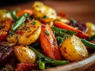 Colorful platter of garlic herb roasted vegetables including carrots and bell peppers.