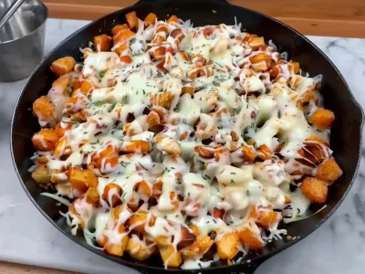 Garlic Parmesan Chicken & Potato Skillet topped with mozzarella and parsley