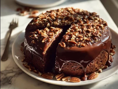 Slice of German Chocolate Pecan Pound Cake with pecans and chocolate frosting.