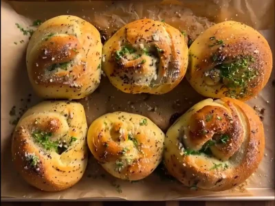 warm giant garlic knots brushed with garlic butter and herbs