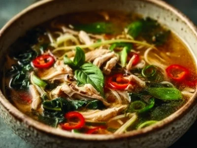 Bowl of Ginger Garlic Chicken Noodle Soup topped with fresh herbs and spices