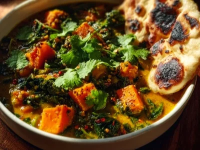 Ginger sweet potato coconut lentil stew in a bowl garnished with herbs