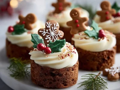 Gingerbread mini cakes decorated with icing and festive toppings