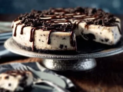 Delicious gluten-free Oreo cheesecake topped with crushed Oreos.
