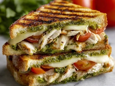 Gourmet chicken pesto sourdough sandwich with fresh ingredients and basil