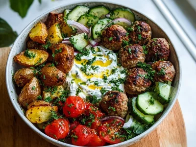 Delicious Greek meatball bowl topped with fresh herbs and vegetables