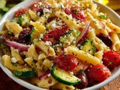 Colorful bowl of Greek Pasta Salad with vegetables and feta cheese
