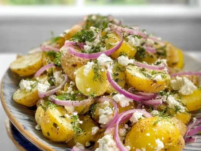 Delicious Greek Potato Salad with olives, feta, and fresh herbs.