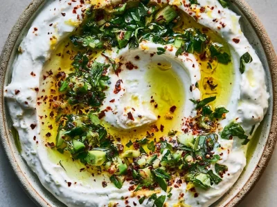 Greek yogurt feta dip recipe with lemon, chili, and pistachio in a bowl