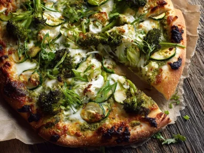 Green Vegetable Pesto Vegetarian Pizza with fresh veggies and pesto