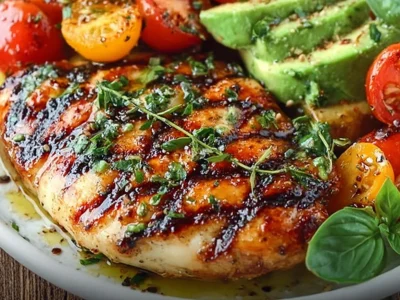 Grilled chicken served with avocado and cherry tomatoes on a plate