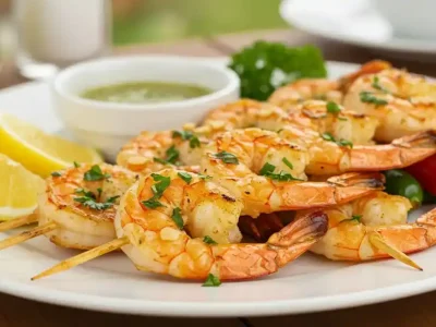 Juicy grilled shrimp skewers brushed with garlic butter and served with lemon wedges and dipping sauce.
