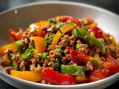 Ground turkey and bell peppers dish served in a bowl