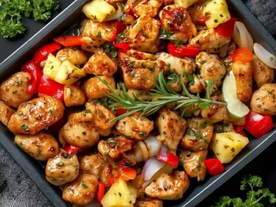 Hawaiian Chicken Sheet Pan with caramelized pineapple chunks, red peppers, and golden chicken bites in a savory glaze