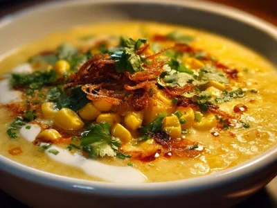 Bowl of Hawaiian Corn Chowder with fresh corn and tropical toppings