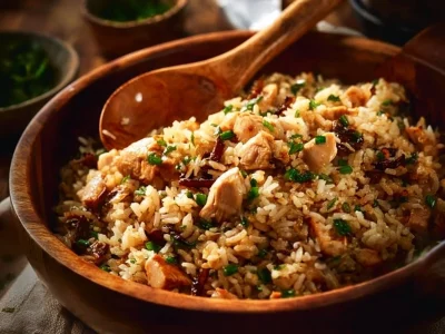 Healthy chicken and rice bowl with fresh vegetables and seasonings