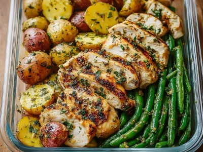 Healthy lemon garlic chicken meal prep bowl with vegetables and grains