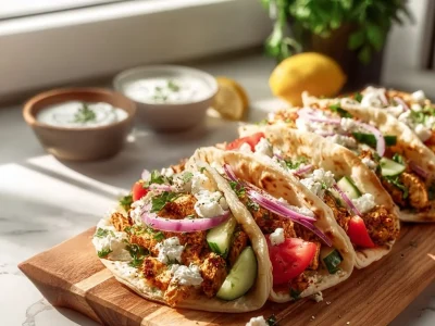 Healthy Mediterranean Chicken Tacos with fresh ingredients in a tortilla