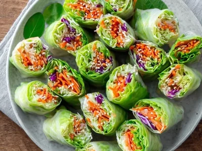 Healthy veggie spring rolls filled with fresh vegetables and herbs.