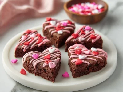 Heart-shaped brownies decorated for Valentine's Day