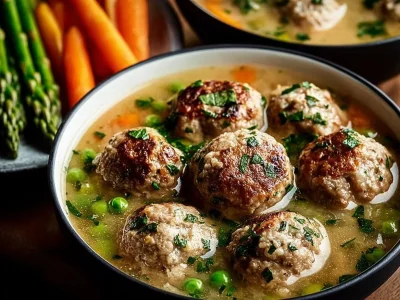 Delicious hearty meatball soup in a bowl, perfect for a cozy meal