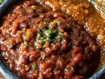 Bowl of hearty vegan chili topped with fresh herbs and avocado