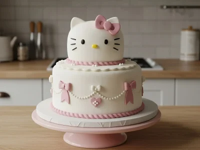 A stunning Hello Kitty two tier cake with a fondant topper, pink bows, and themed decorations on a pastel dessert table.