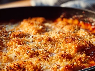 High Protein Chicken Parmesan Casserole topped with cheese and herbs